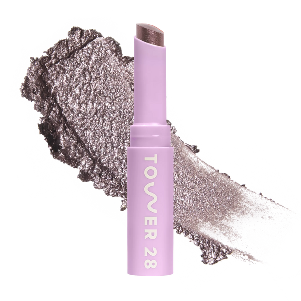 Eyeshadow with glittery texture and 'Tower 28' branding on a white background [Viper]