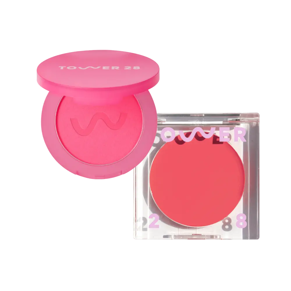GetSet™ Matte Powder Blush in Feliz Fresca and BeachPlease Cream Blush in Happy Hour [The Tower 28 Beauty Cheeky Duo in Hot Pink Cheeks]