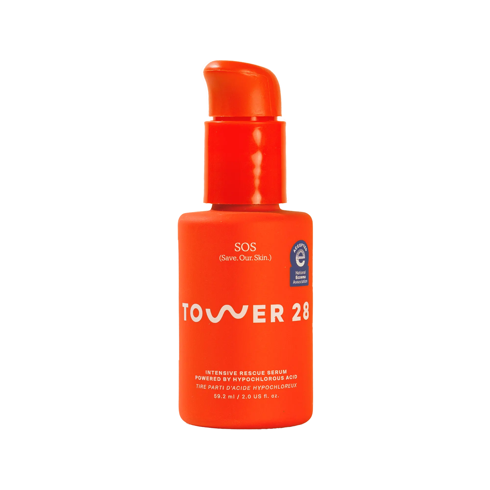 Orange bottle of Tower 28 SOS Rescue Serum on a white background [Shared]