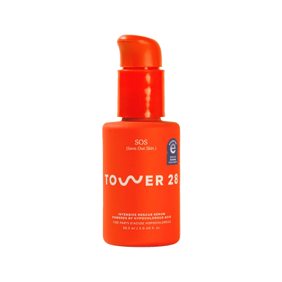 Orange bottle of Tower 28 SOS Rescue Serum on a white background [Shared]