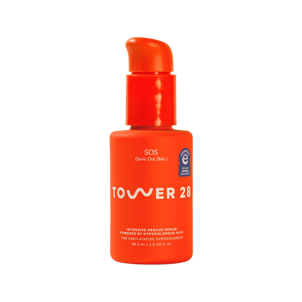 Orange bottle of Tower 28 SOS Rescue Serum on a white background [Shared]