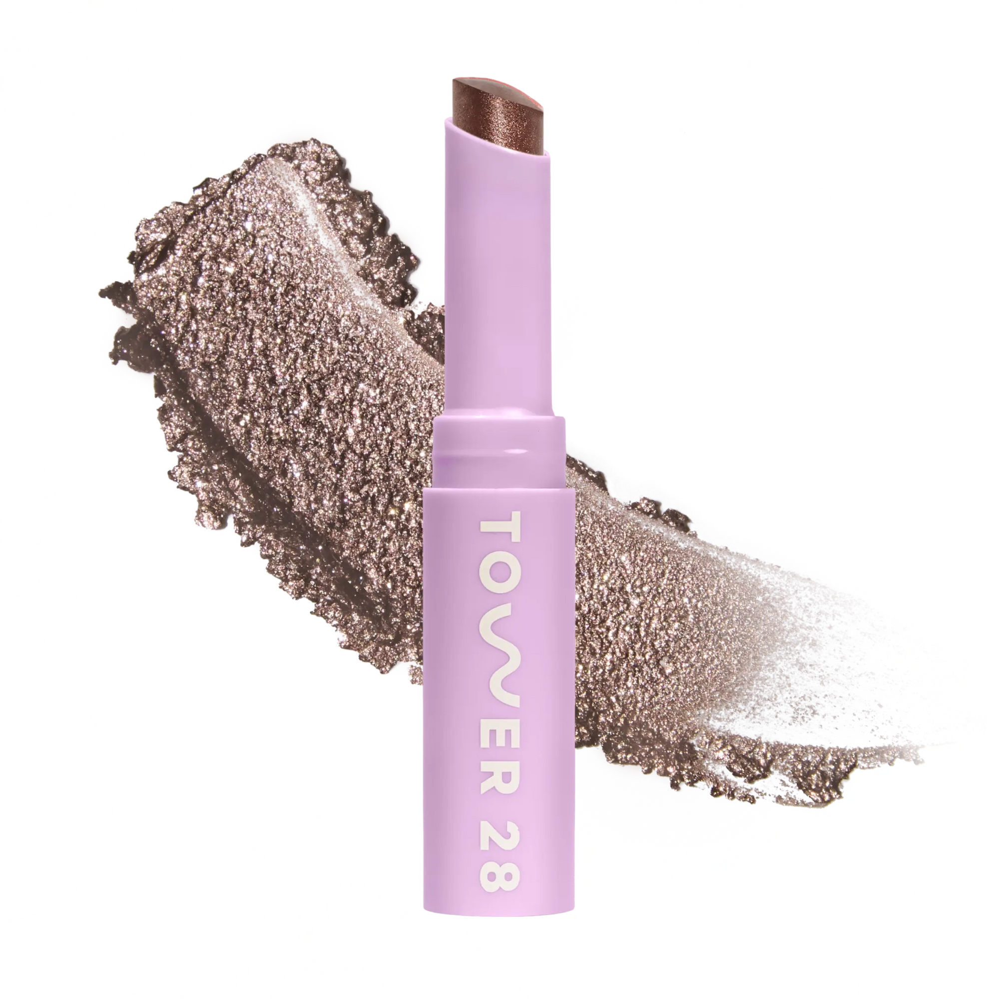 Eyeshadow with glittery texture and 'Tower 28' branding on a white background [Whisky]