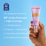Hand holding a sunscreen foundation tube with product details on a blue background [Shared]