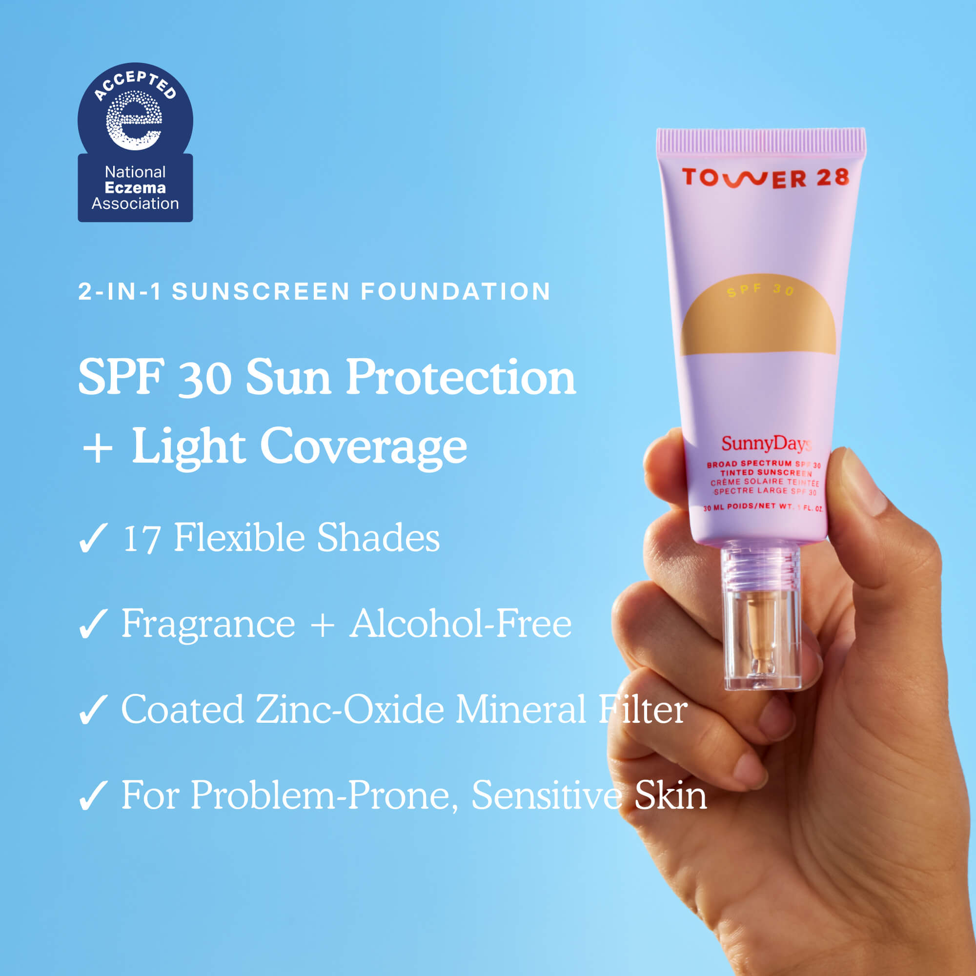 Hand holding a sunscreen foundation tube with product details on a blue background [Shared]
