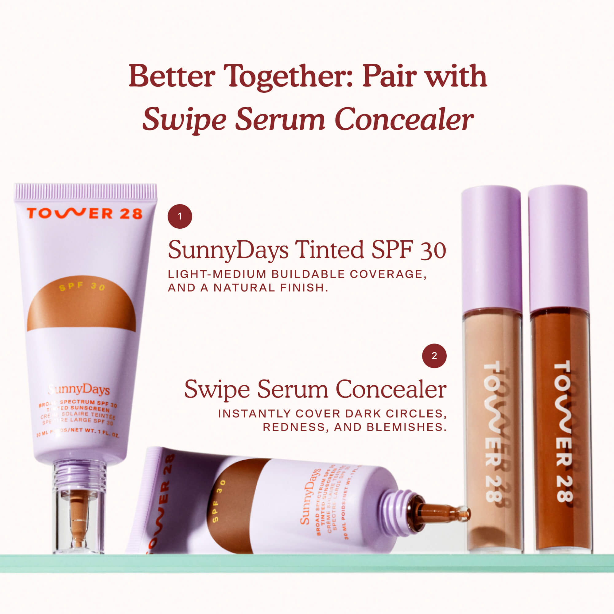 Tower 28 skincare products including a tube and two bottles on a white background with text about product pairing. [Shared]
