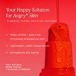 Red serum bottle with text on a red background, promoting a solution for angry skin. [Shared]