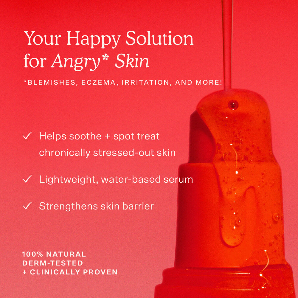 Red serum bottle with text on a red background, promoting a solution for angry skin. [Shared]