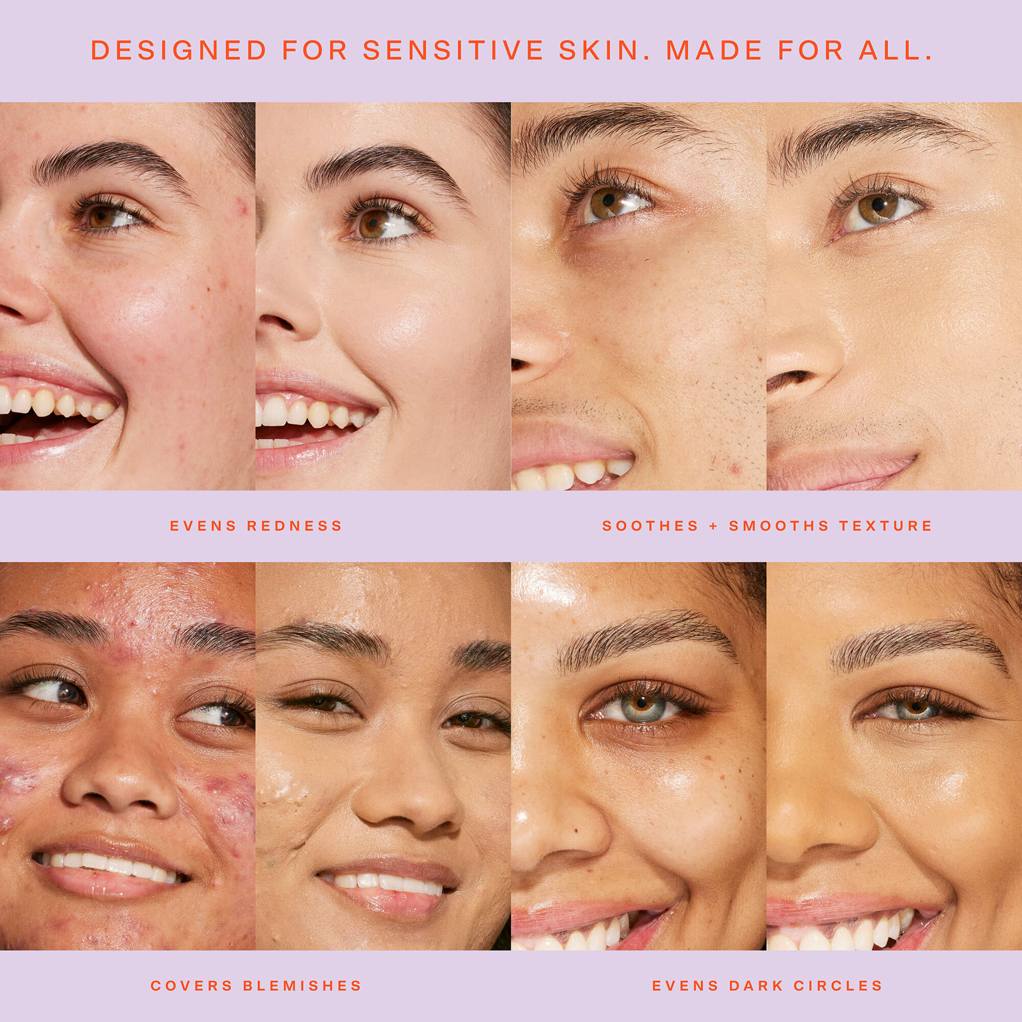 Collage of faces with text highlighting product benefits for sensitive skin. [Shared]