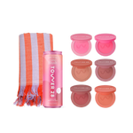 A striped towel, Tower 28 Beauty can-shaped box, and six GetSet Powder Blush compacts are displayed. Includes Malibu Cooler, Feliz Fresca, Culver Crush, Samo Spritzer, Long Beach Iced Tea, and Sawtelle Slushie. [GetSet Powder Blush Gift Set]