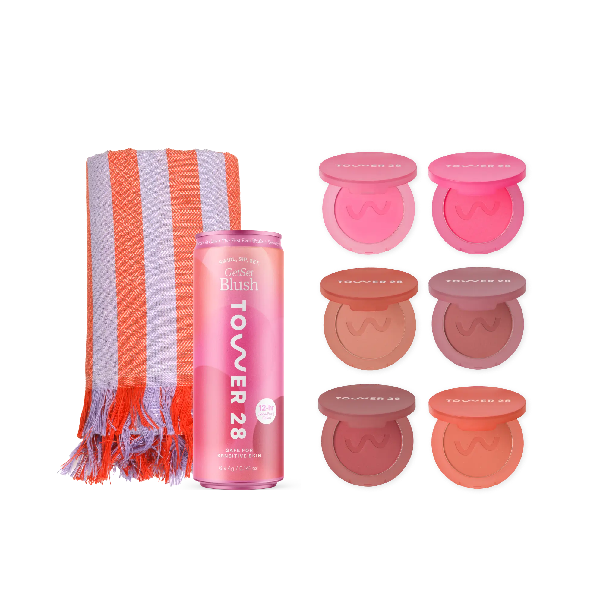 A striped towel, Tower 28 Beauty can-shaped box, and six GetSet Powder Blush compacts are displayed. Includes Malibu Cooler, Feliz Fresca, Culver Crush, Samo Spritzer, Long Beach Iced Tea, and Sawtelle Slushie. [GetSet Powder Blush Gift Set]