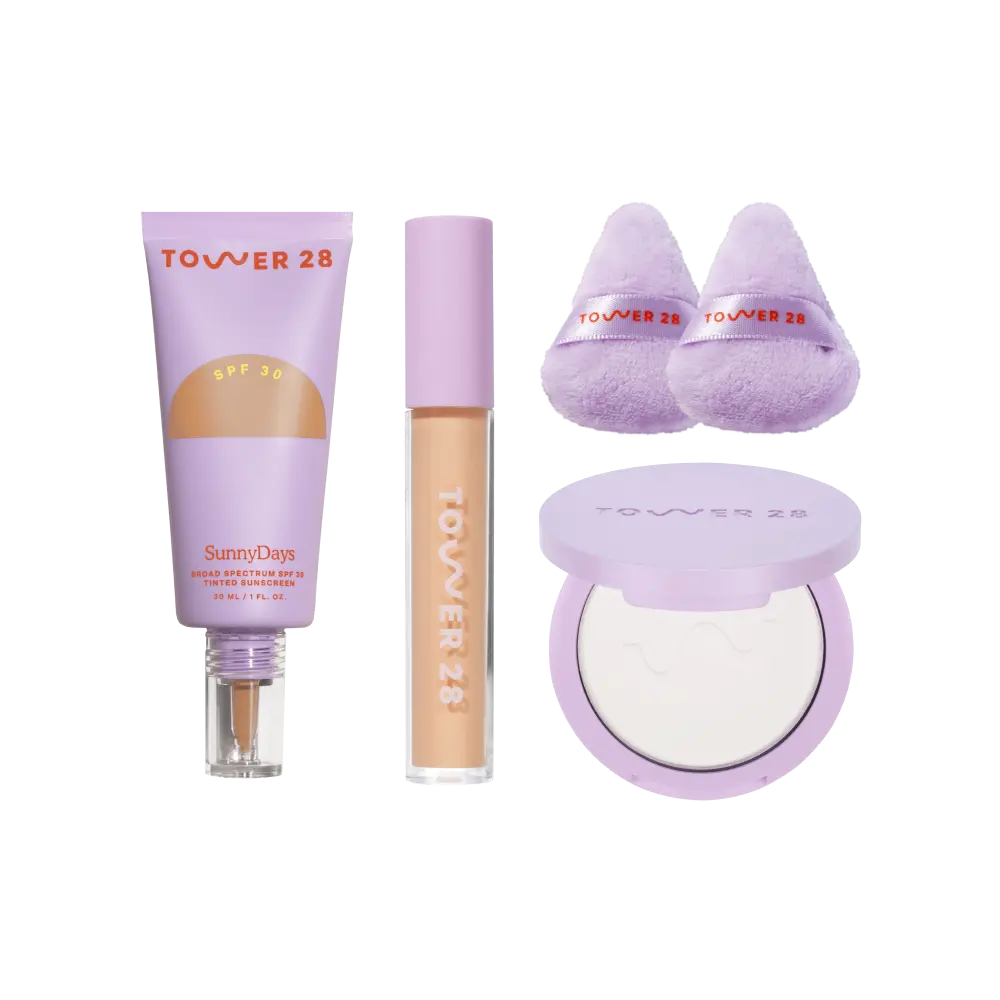 [Shared: The Complexion Trio features SunnyDays Tinted SPF 30, Swipe Serum Concealer, and GetSet Pressed Powder.]