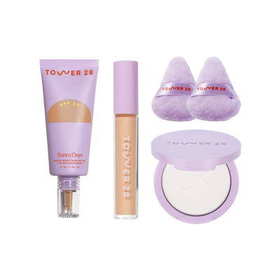 [Shared: The Complexion Trio features SunnyDays Tinted SPF 30, Swipe Serum Concealer, and GetSet Pressed Powder.]