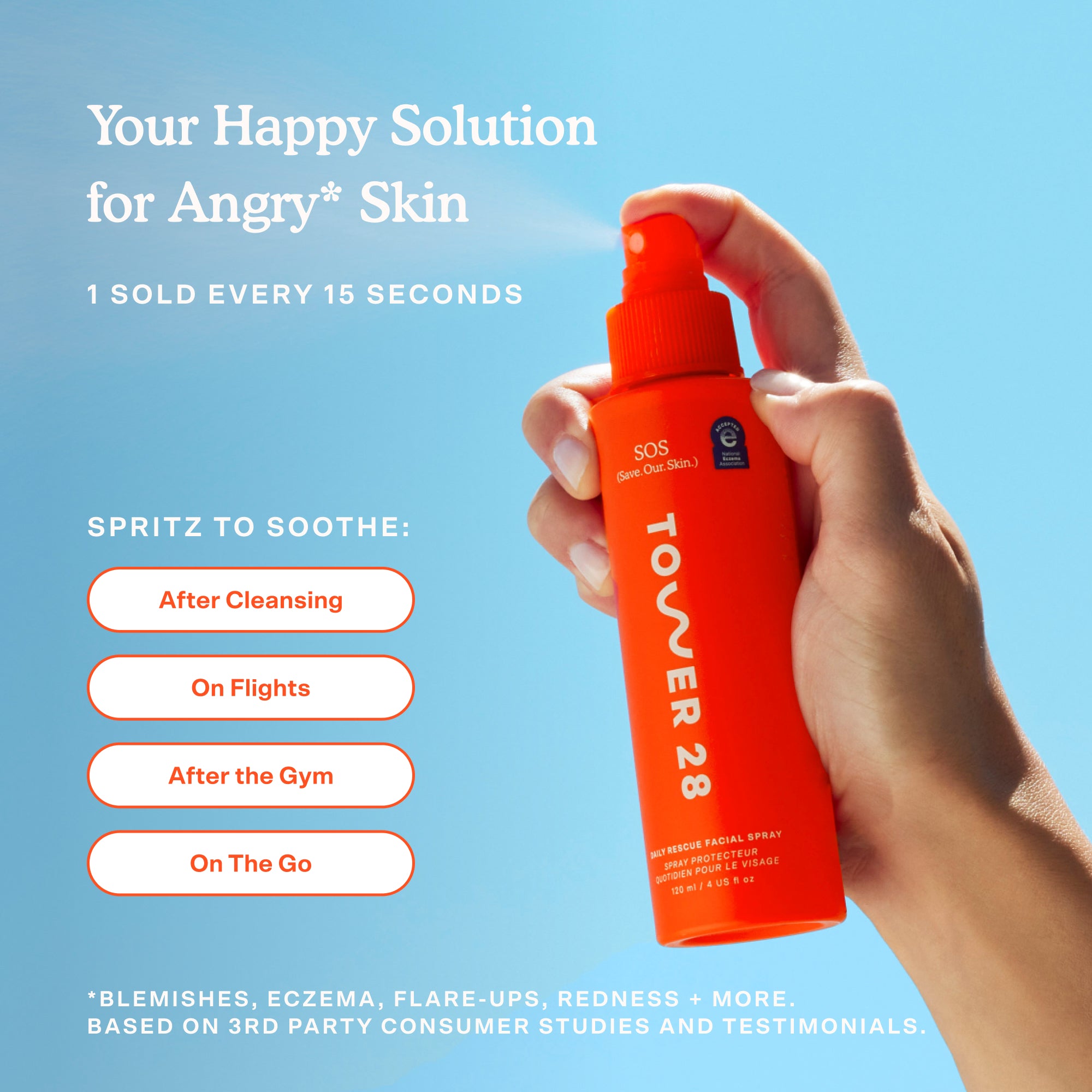Tower 28 Beauty SOS Daily Rescue Spray highlighting hypochlorous acid as a key soothing and anti-inflammatory ingredient. [Shared]
