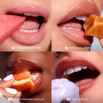 Set [A close up of a model holding Tower 28 Beauty's LipSoftie® Lip Treatment x 4 (Blood Orange Vanilla, Watermelon Kiwi, Dulce de Leche, and Ube Vanilla) and wearing it on her lips]
