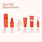 Tower 28 skincare product lineup with 'Your SOS Rescue Routine' text on a white background. [Shared]