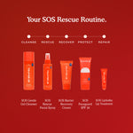 Tower 28 RESCUE skincare product lineup with SOS Rescue Routine steps on a red background [Shared]