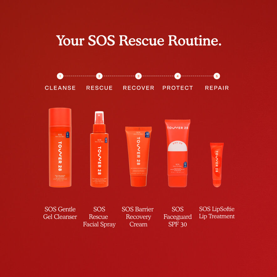 Tower 28 RESCUE skincare product lineup with SOS Rescue Routine steps on a red background [Shared]