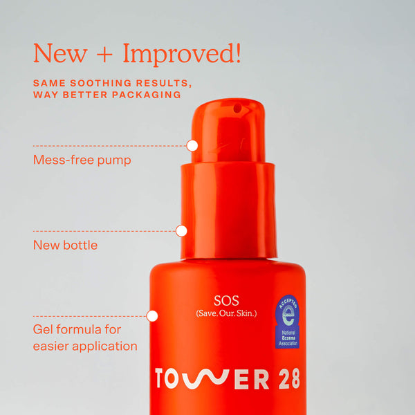 Red bottle with pump labeled 'Tower 28' on a gray background [Shared]