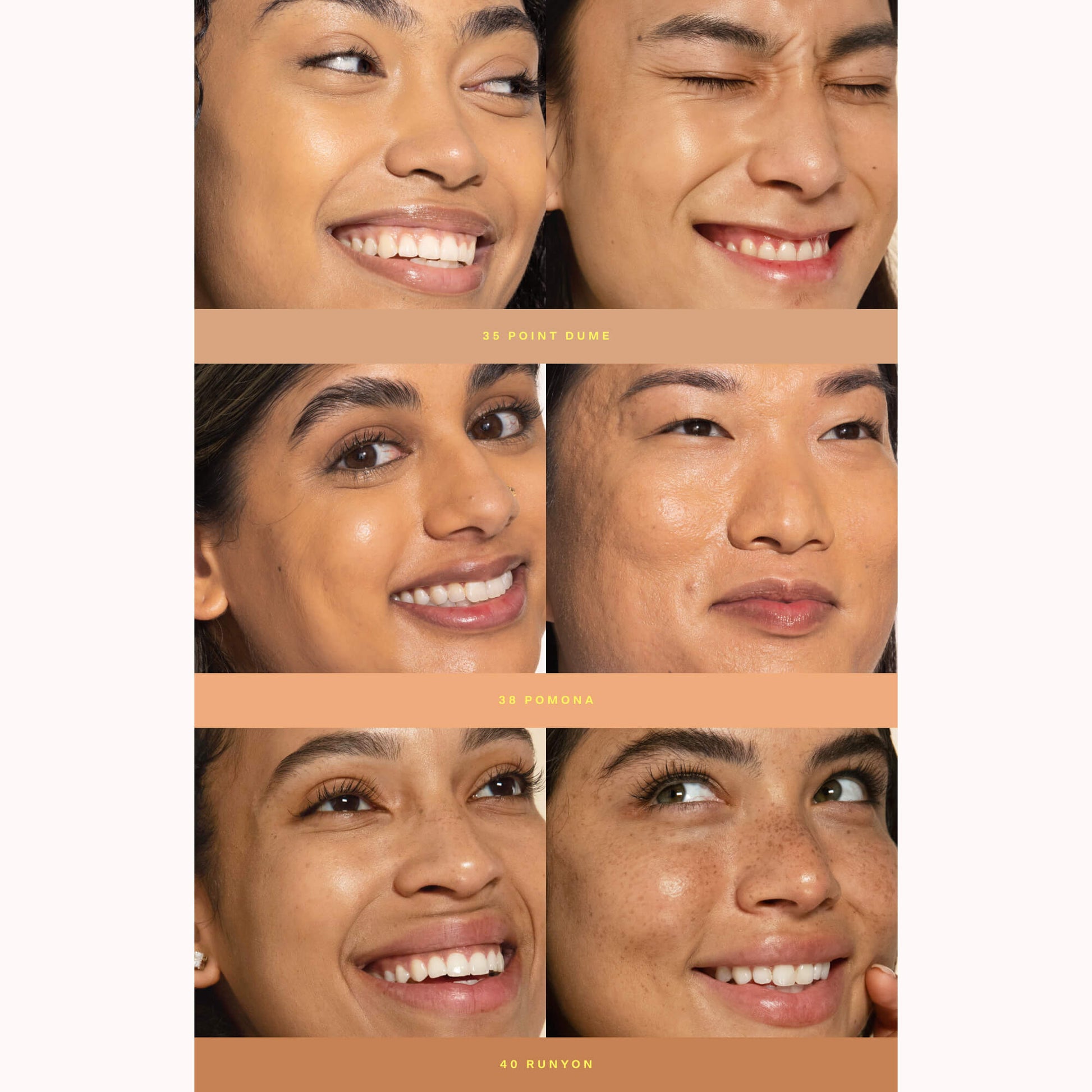 [Shade match chart showing 3 models wearing Mediumshade of Tower 28 SunnyDays SPF 30 Tinted Sunscreen Foundation, including shades:35 Point Dume,38 Pomona,40 Runyon