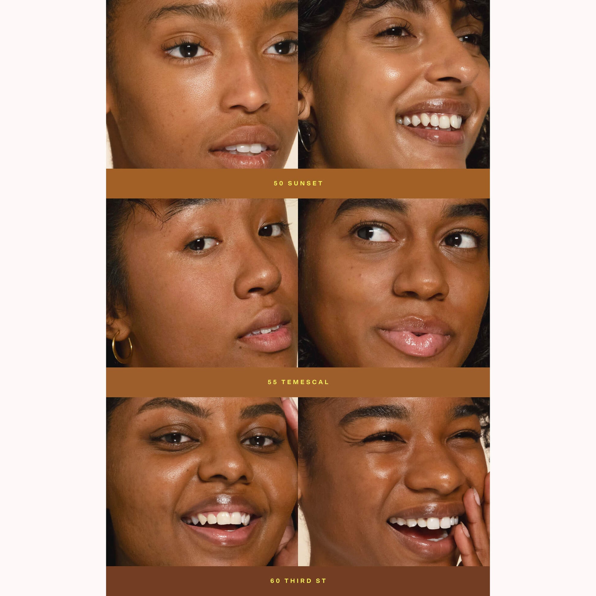 [Shade match chart showing 3 models wearing Tanshade of Tower 28 SunnyDays SPF 30 Tinted Sunscreen Foundation, including shades:50 Sunset,55 Temescal,60 Third St