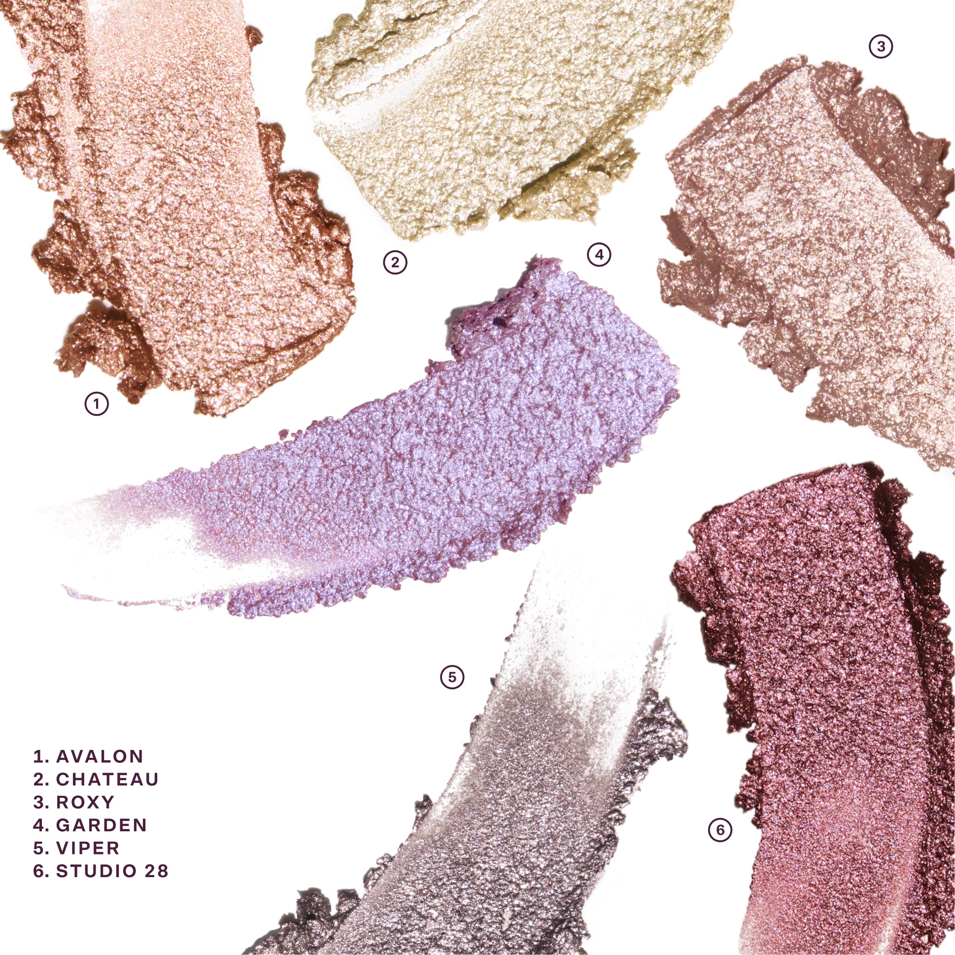 Color swatches of makeup shades labeled with names on a white  background [Shared]