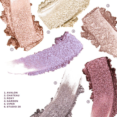 Color swatches of makeup shades labeled with names on a white  background [GoGo Eyeshadow Set]