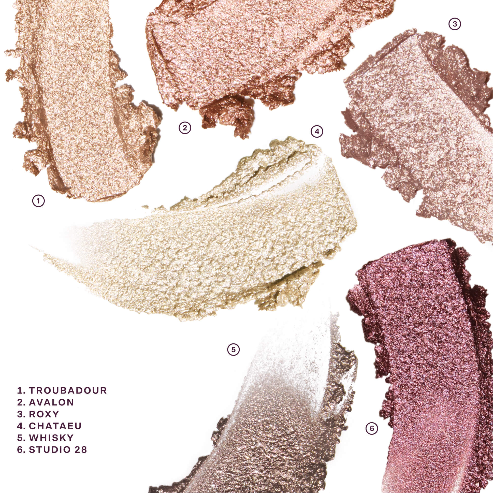 Color swatches of makeup shades with labels on a white background [Shared]