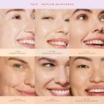 Collage of a woman's face with different skin tones and makeup [1.0 BH, 2.0 BU, 3.0 CC, 4.0 DTLA, 5.0 EP, 6.0 IE] shades.