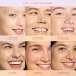 [Shade match chart showing 3 models wearing Fair shade of Tower 28 SunnyDays SPF 30 Tinted Sunscreen Foundation, including shades:05 Fairfax,10 Larchmont,13 La Cienega,13 La Cienega,15 Melrose,18 Montana,20 Mulholland.]