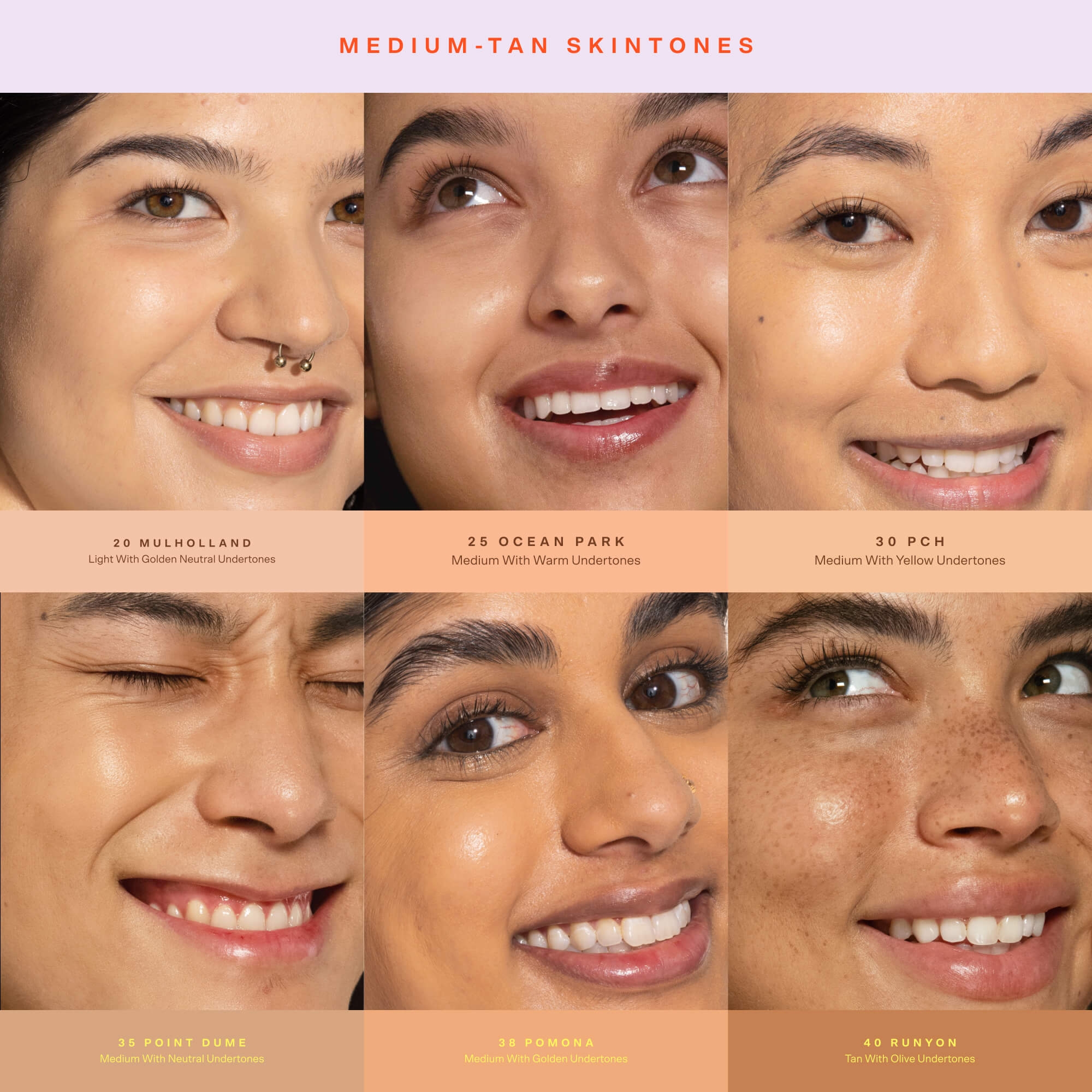 [Shade match chart showing 3 models wearing Lightshade of Tower 28 SunnyDays SPF 30 Tinted Sunscreen Foundation, including shades:20 Mulholland,25 Ocean Park,30 PCH, 35 Point Dume,38 Pomona,40 Runyon]