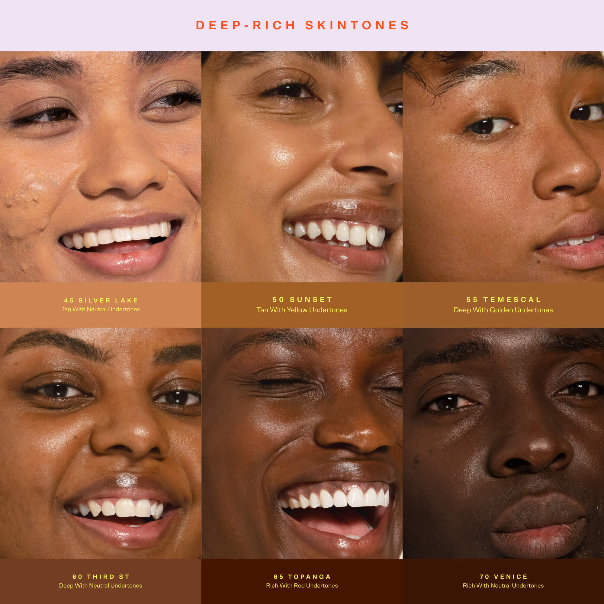 [Shade match chart showing 3 models wearing Tanshade of Tower 28 SunnyDays SPF 30 Tinted Sunscreen Foundation, including shades: 45 Silver Lake,50 Sunset,55 Temescal,60 Third St, 60 Third St,65 Topanga,70 Venice]