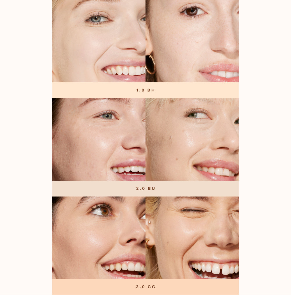 Shade match chart showing 3 models wearing fair shades of Tower 28 Swipe Serum Concealer, including shades: 1.0 BH, 2.0 BU, 3.0 CC. [Shared]