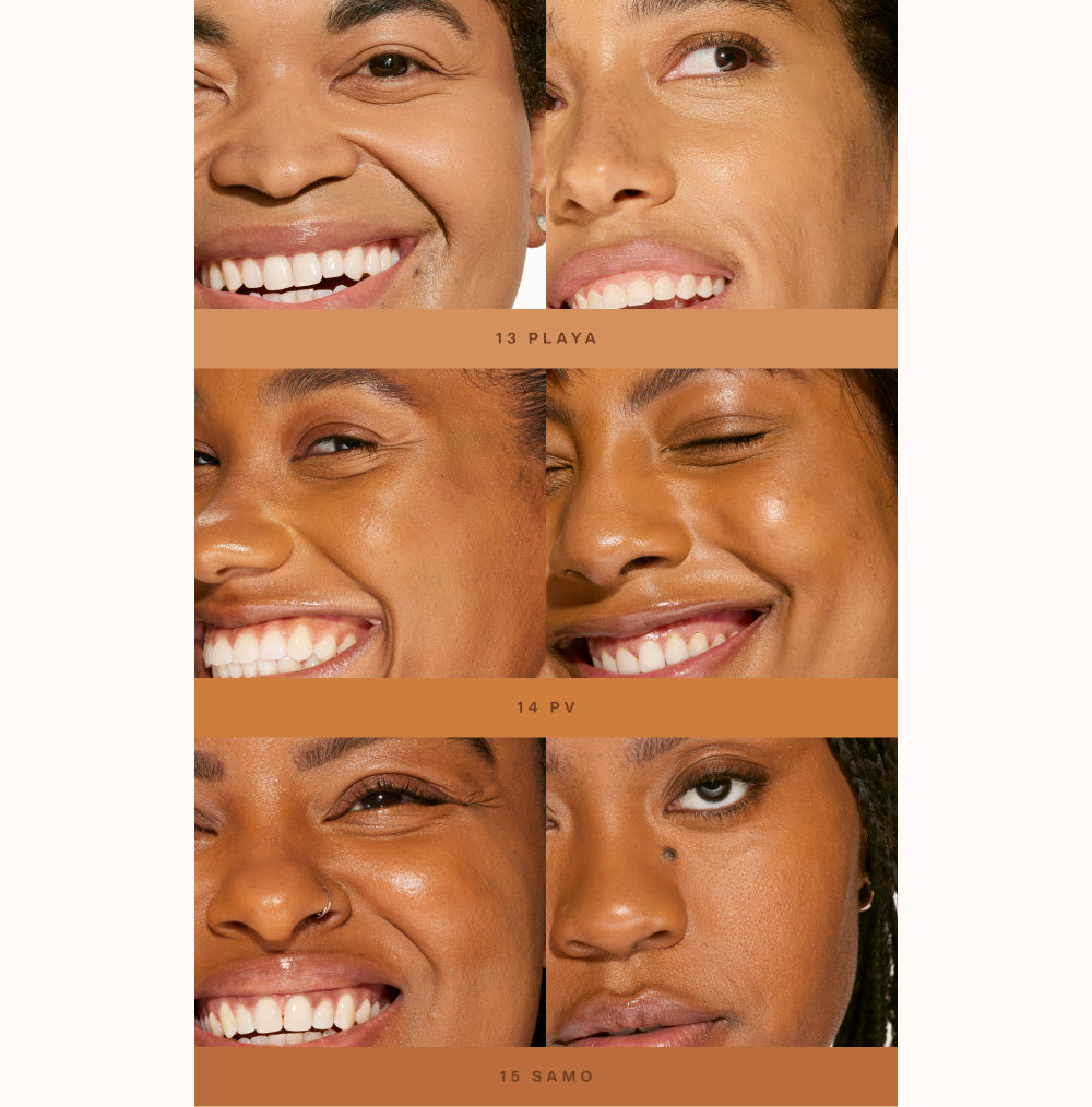 Shade match chart showing 3 models wearing tan shades of Tower 28 Swipe Serum Concealer, including shades: 13.0 PLAYA, 14.0 PV, 15.0 SAMO. [Shared]