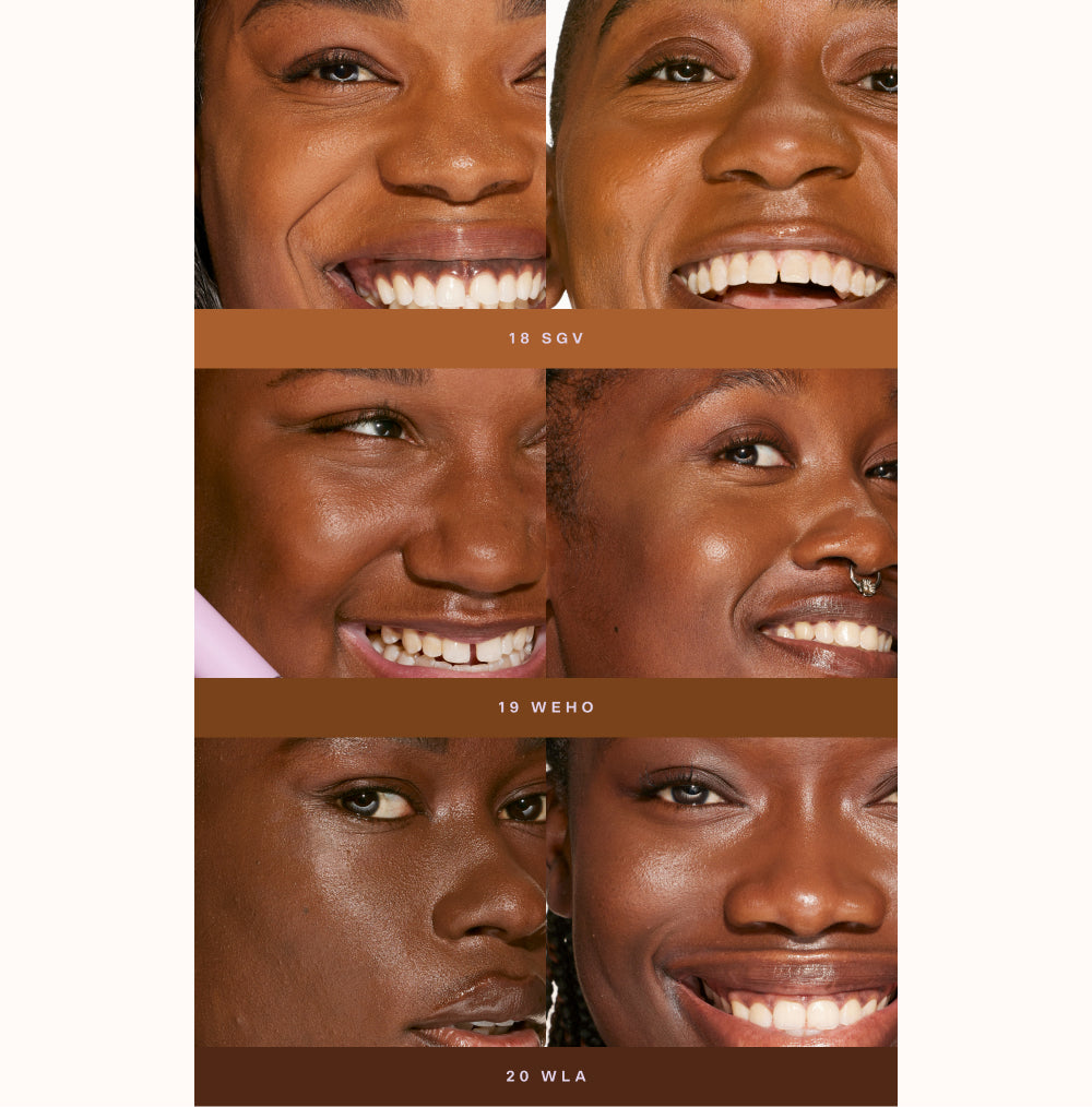 Shade match chart showing 3 models wearing deep shades of Tower 28 Swipe Serum Concealer, including shades:18.0 SGV,19.0 WEHO,20.0 WLA. [Shared]