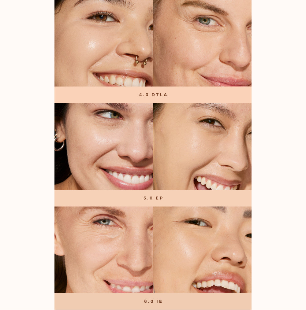[Shade match chart showing 3 models wearing light shades of Tower 28 Swipe Serum Concealer, including shades:4.0 DTLA,5.0 EP,6.0 IE]