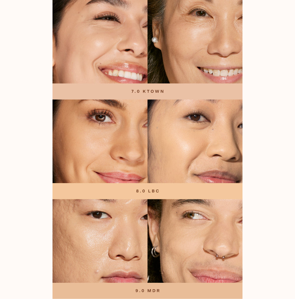 Shade match chart showing 3 models wearing medium shades of Tower 28 Swipe Serum Concealer, including shades: 7.0 KTOWN, 8.0 LBC, 9.0 MDR. [Shared]