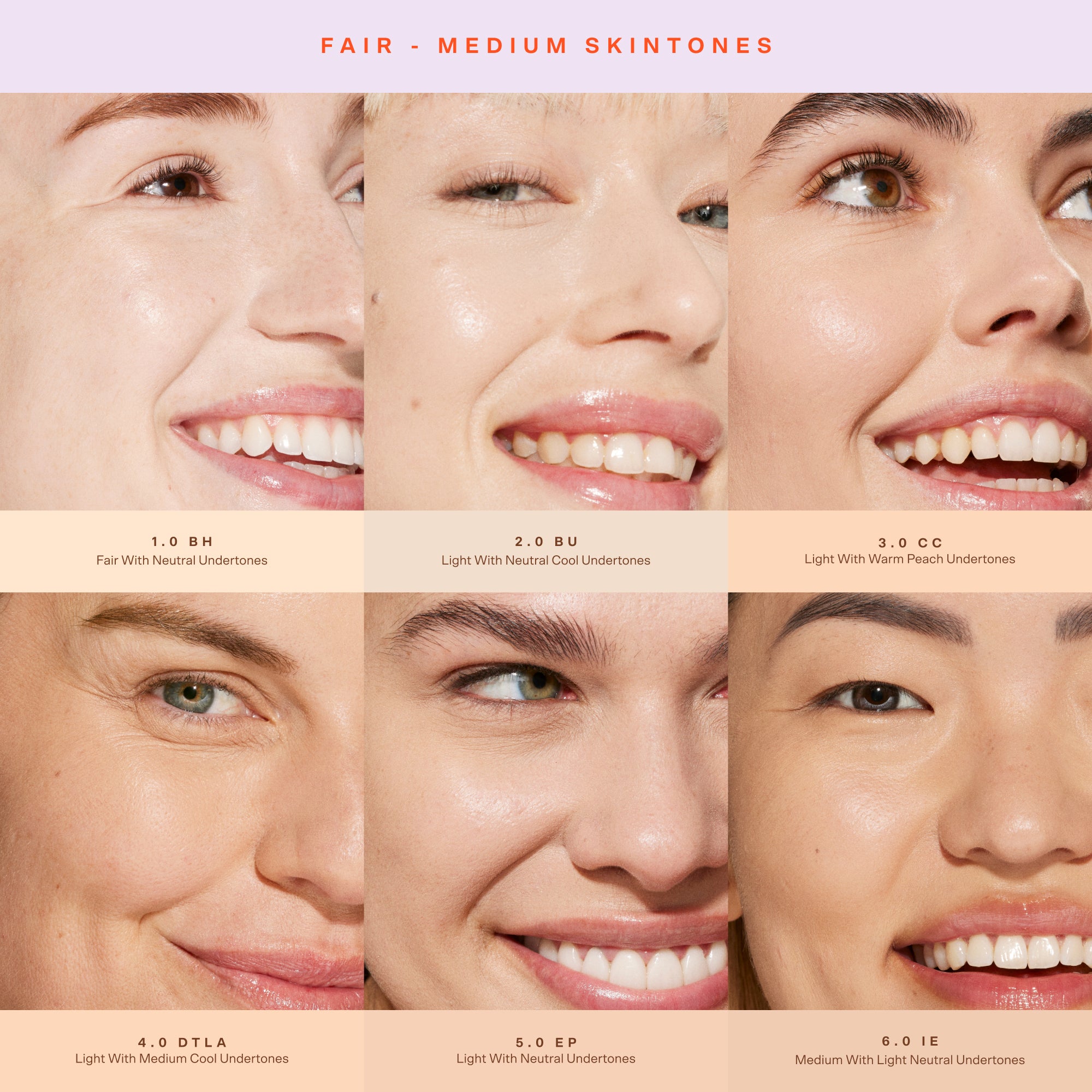 Collage of a woman's face with different skin tones and makeup [1.0 BH, 2.0 BU, 3.0 CC, 4.0 DTLA, 5.0 EP, 6.0 IE] shades.