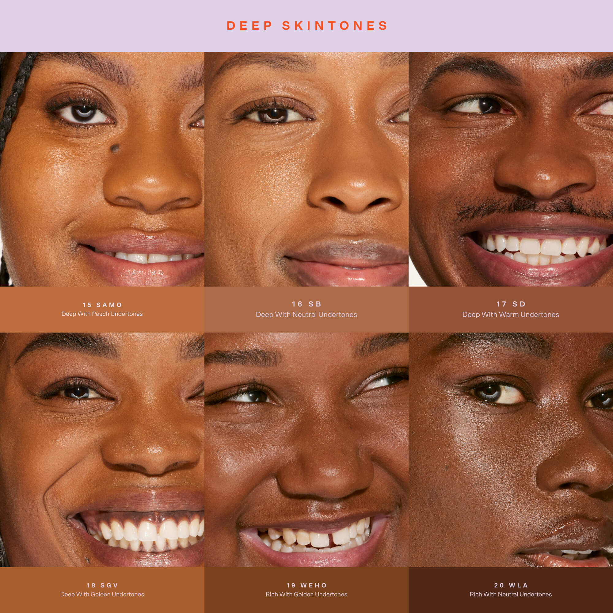 Collage of faces with different skin tones labeled as 'Deep Skintones'. [15.0 SAMO, 16.0 SB, 17.0 SD, 18.0 SGV, 19.0 WEHO, 20.0 WLA]