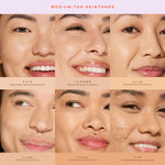 Collage of medium-tan skintone shades with corresponding color codes. [6.0 IE, 7.0 KTOWN, 8.0 LBC, 9.0 MDR, 10.0 NOHO, 11.0 OC]