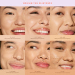Collage of medium-tan skintone shades with corresponding color codes. [6.0 IE, 7.0 KTOWN, 8.0 LBC, 9.0 MDR, 10.0 NOHO, 11.0 OC]