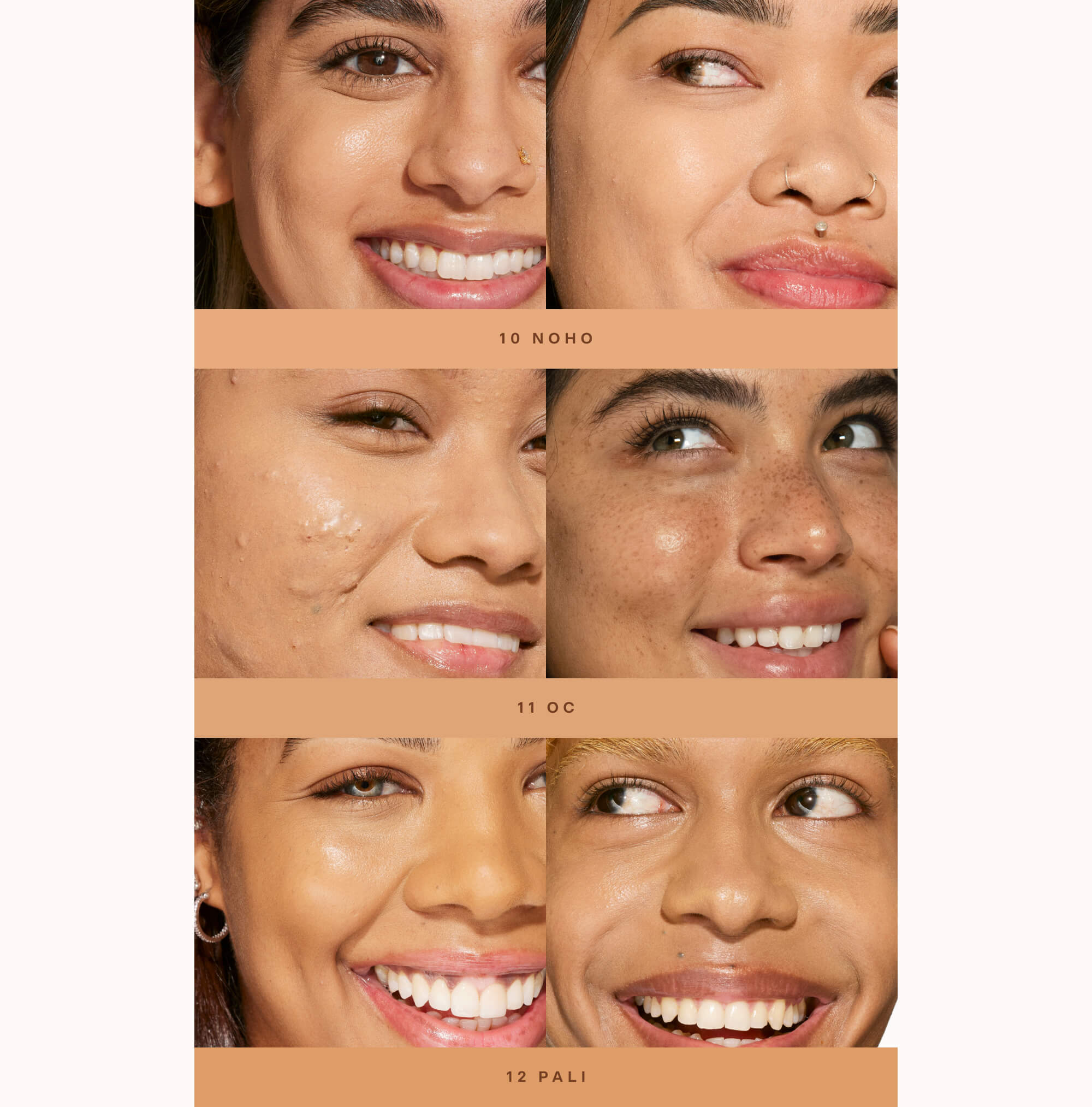 Shade match chart showing 3 models wearing medium shades of Tower 28 Swipe Serum Concealer, including shades: 10.0 NOHO, 11.0 OC, 12.0 PALI. [Shared]