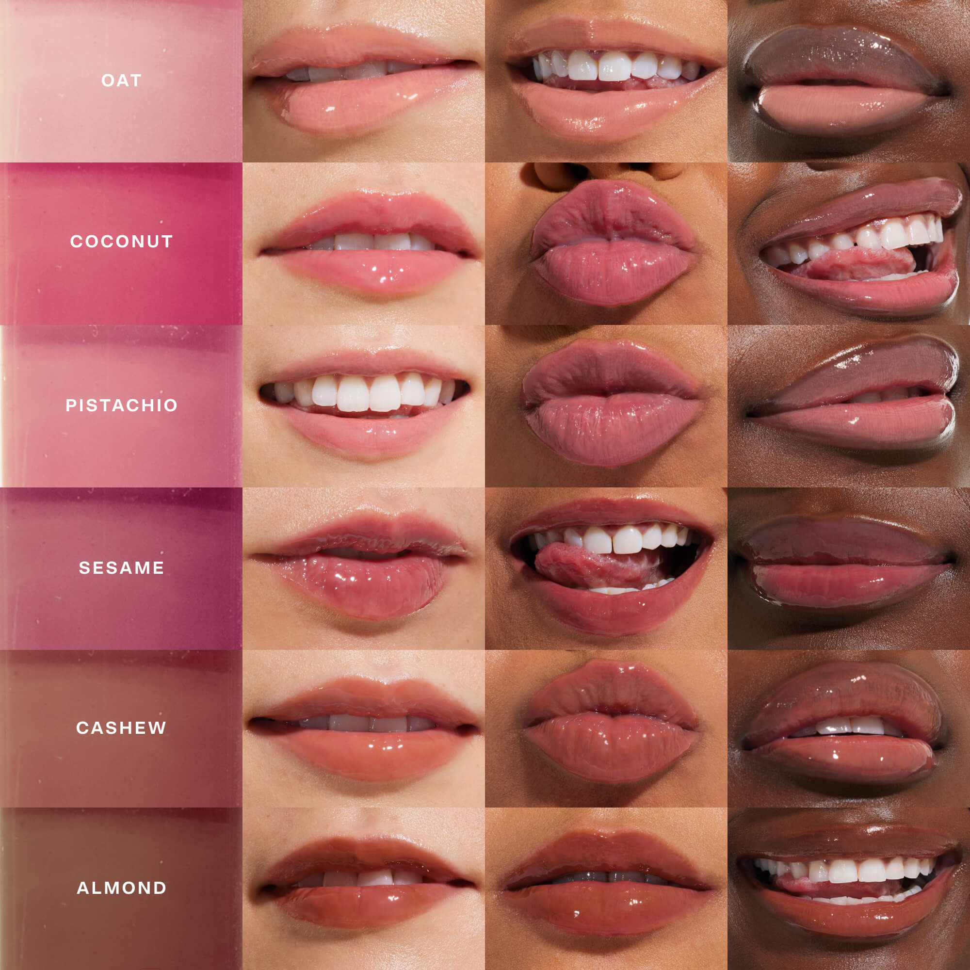 Collage of lips with different shades labeled from 'Oat' to 'Almond'. [Shared]