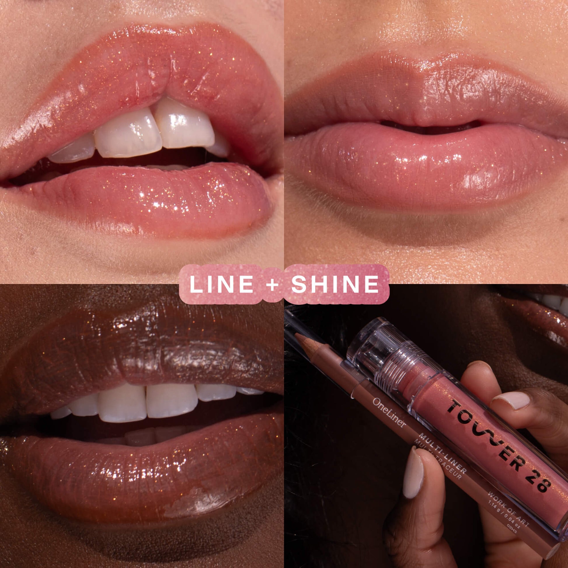 [Shared: Two models with different skin tones wearing the Tower 28 Beauty Line + Shine Lip Kit  on their lips.