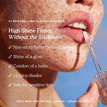 Person applying lip gloss with product details on a blue background [Shared]