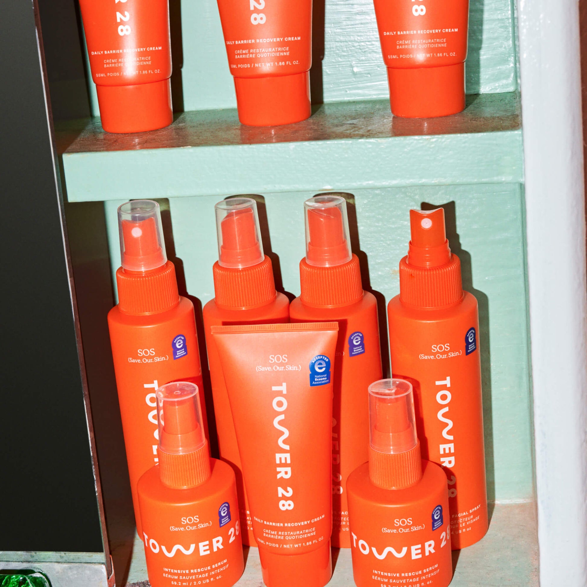 Shared: Tower 28 Beauty's SOS Complete Routine which features SOS Daily Rescue Spray, SOS Rescue Serum, and SOS Barrier Cream.