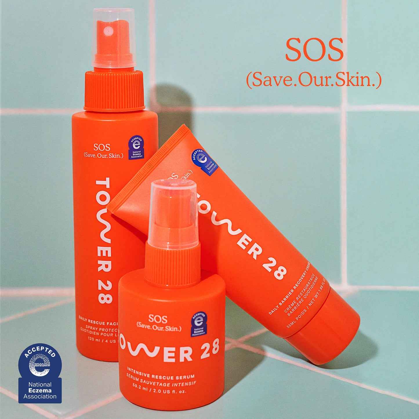 [Shared: Tower 28 Beauty SOS Recovery Cream alongside SOS Rescue Spray and SOS Rescue Serum with the National Eczema Association Seal of Acceptance]
