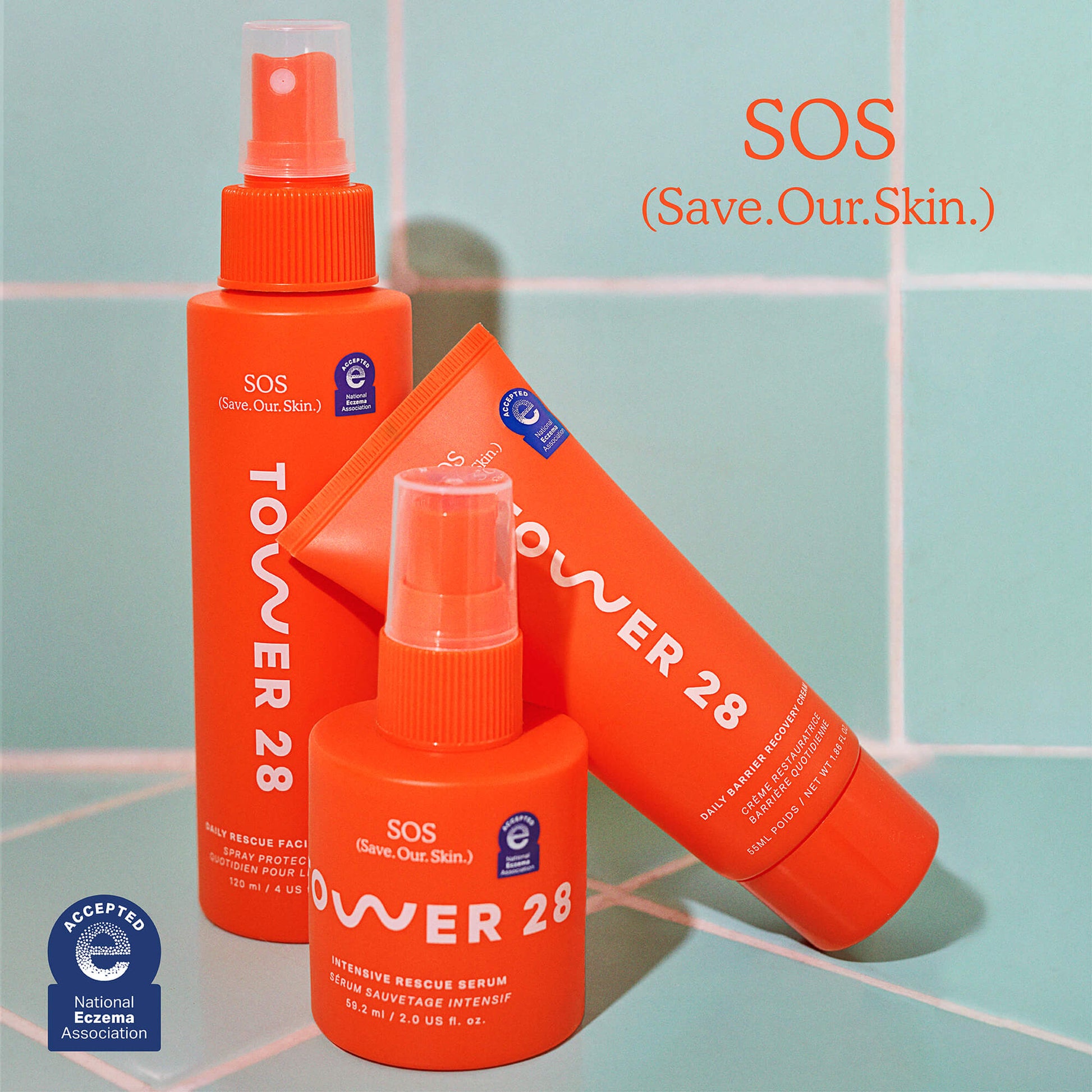 [Shared: Tower 28 Beauty SOS Recovery Cream alongside SOS Rescue Spray and SOS Rescue Serum with the National Eczema Association Seal of Acceptance