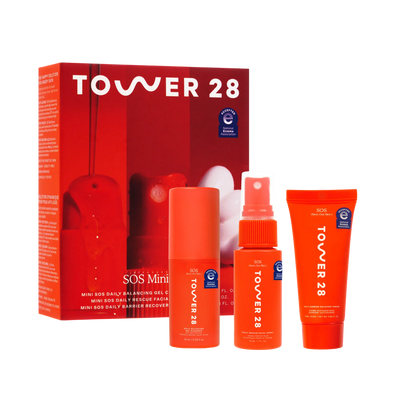 Tower 28 skincare product set with red packaging on a white background [Shared]