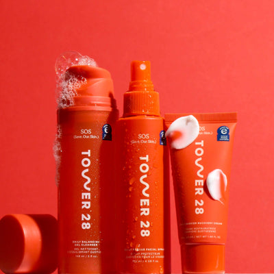 Tower 28 Beauty SOS 3-Step Skincare Kit: SOS Gel Cleanser, SOS Rescue Spray, and SOS Recovery Cream. [Full-Size Set]