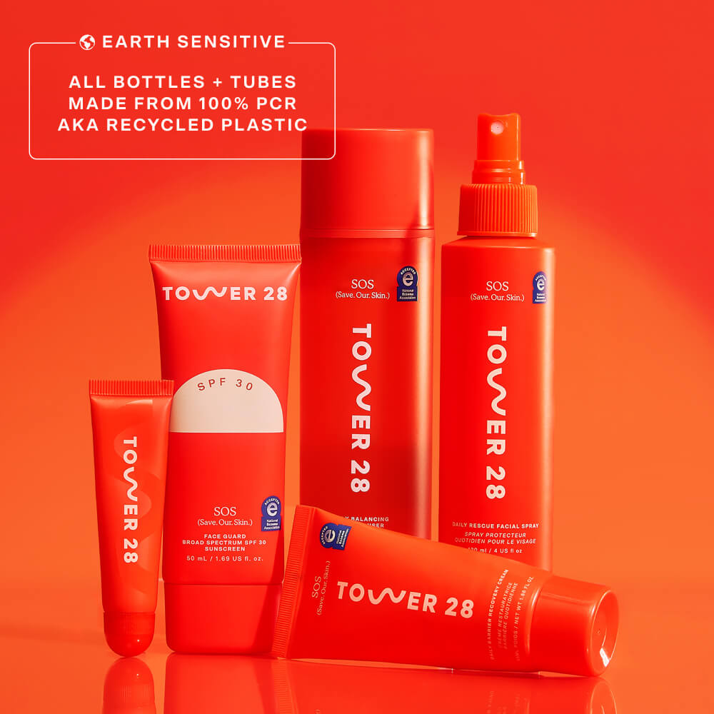 A group of Tower 28 Beauty SOS products is displayed. Text highlights that all bottles and tubes, are made from 100% PCR (post-consumer recycled) plastic. [Shared: SOS FaceGuard SPF 30]